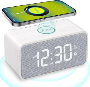 ANJANK Budzik radiowy z indukcyjną stacją ładującą głośnik Bluetooth 10W